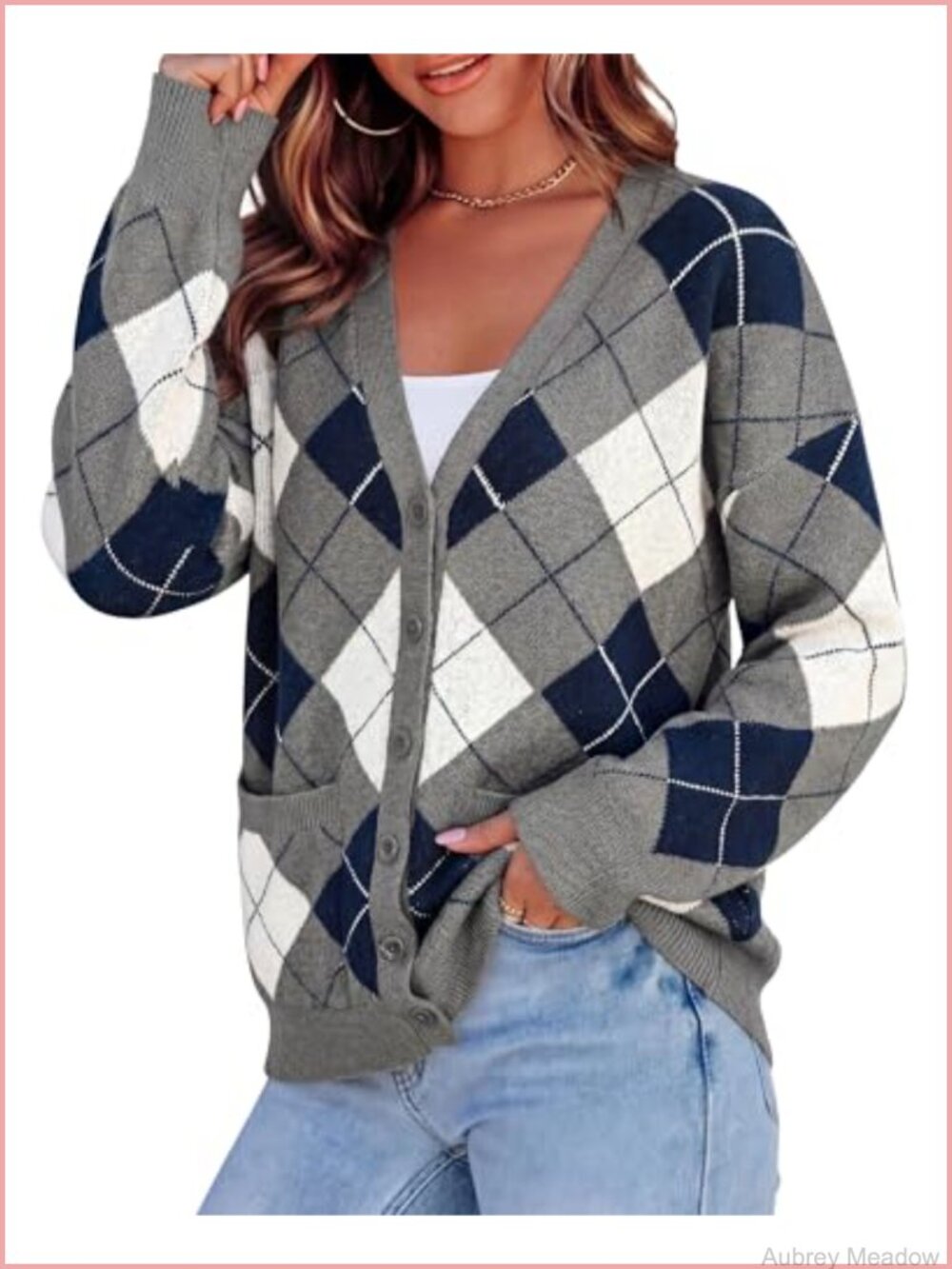 PRETTYGARDEN Women's Argyle Cardigan Chunky Knit Button Up V-Neck